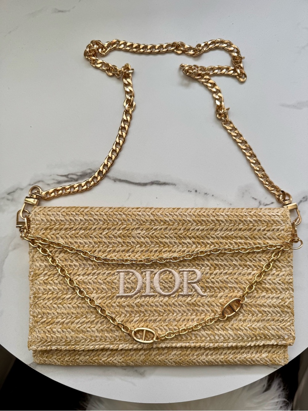 Dior Natural Raffia Envelope Clutch with Gold Chain - Picture 2 of 8